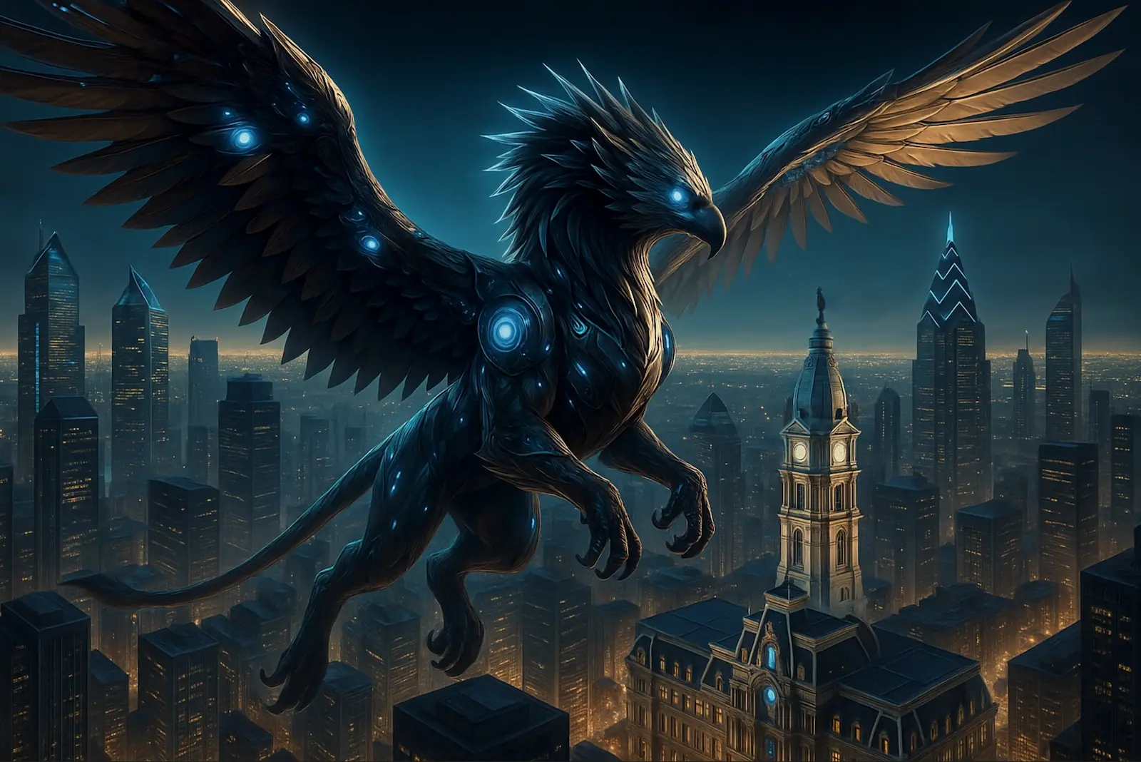 Cybernetic griffin soaring over Philadelphia skyline representing GriffinTek's innovative web solutions